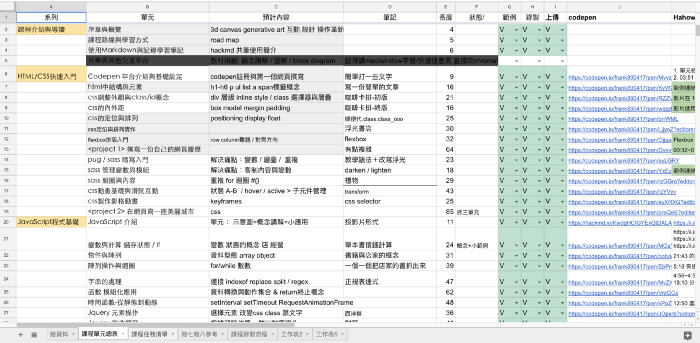 跟Hahow檢核用的單元製作表格
