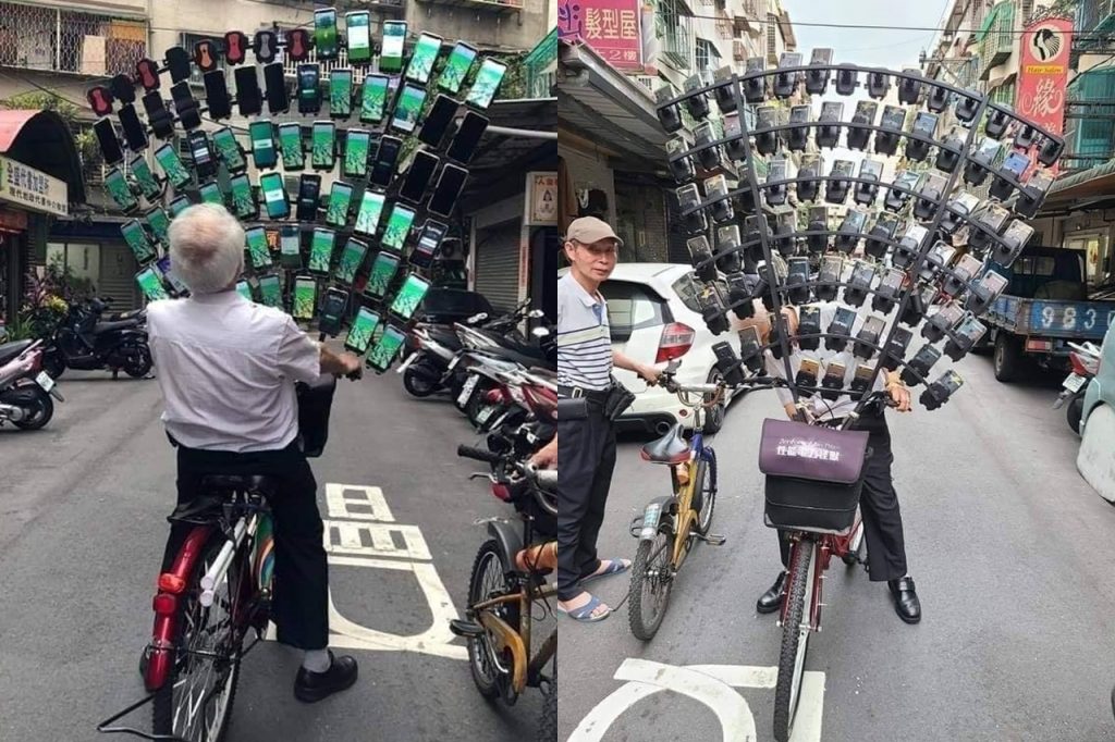 鐵馬上宛若孔雀開屏的六十幾支手機抓寶阿伯（圖片來源：聯合新聞網，取自爆廢公社公開版截圖）